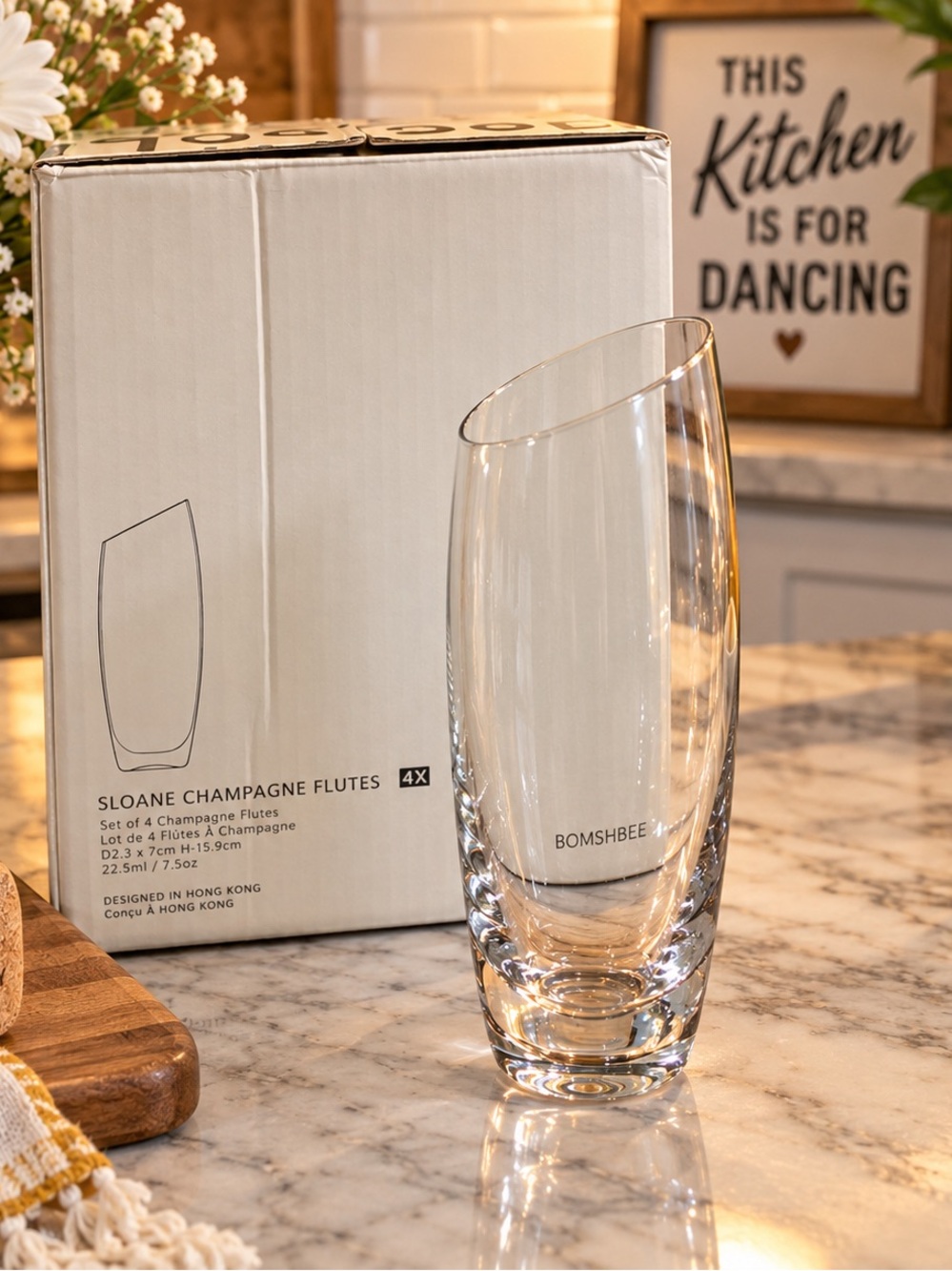Sloane Champagne Flutes Bomshbee Glasses Set Of 4 in Box Asymmetrical 7.5 Oz